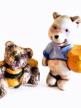 Honey Bear Bumble Bee Figurines, Handcrafted, Artist Signed